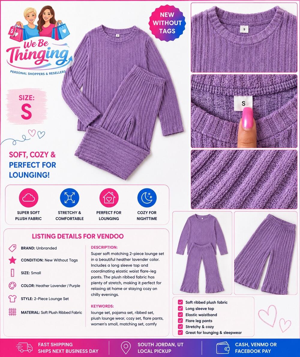 Women’s Small Purple Ribbed Plush 2-Piece Lounge Set Soft Cozy Pajama Set NWOT